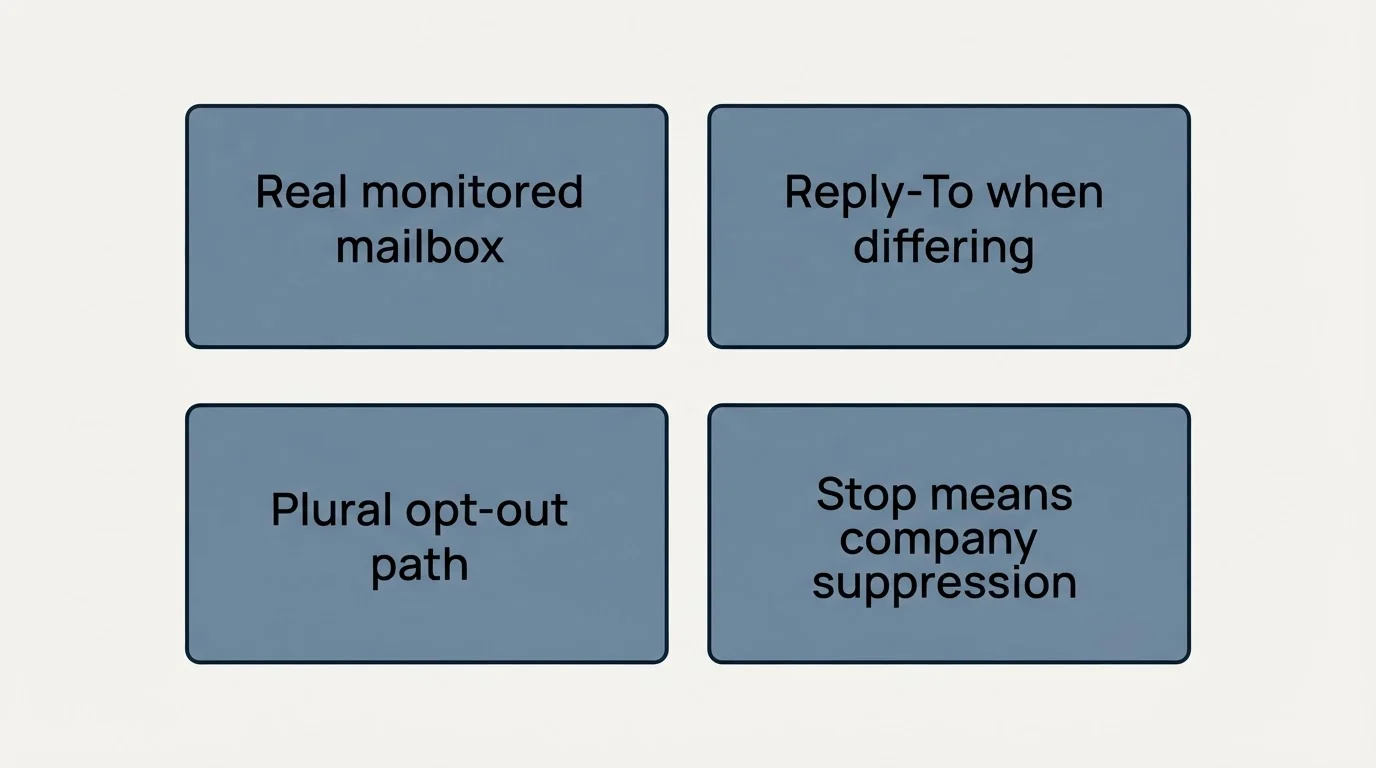 Schematic: What to do instead (Real monitored mailbox, Reply-To when differing, Plural opt-out path, Stop means company suppression)