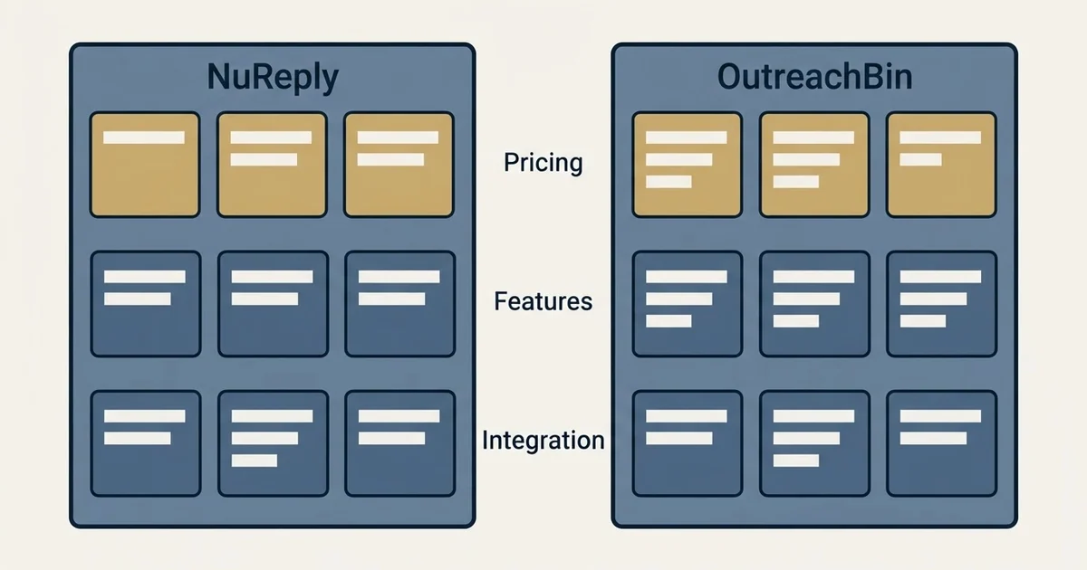 Comparison panel: NuReply vs OutreachBin (Pricing, Features, Integration)