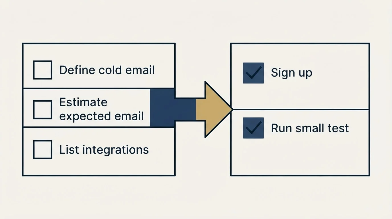 Before-and-after steps: Getting Started Checklist (Define cold email, Estimate expected email, List integrations, Sign up)