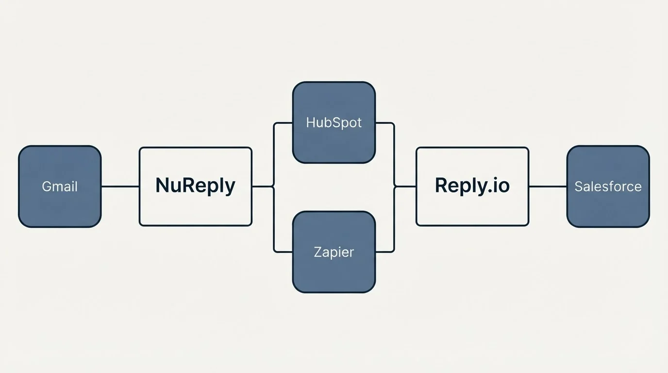 Integration flow: Integration Ecosystem (NuReply, Reply.io, HubSpot, Zapier)