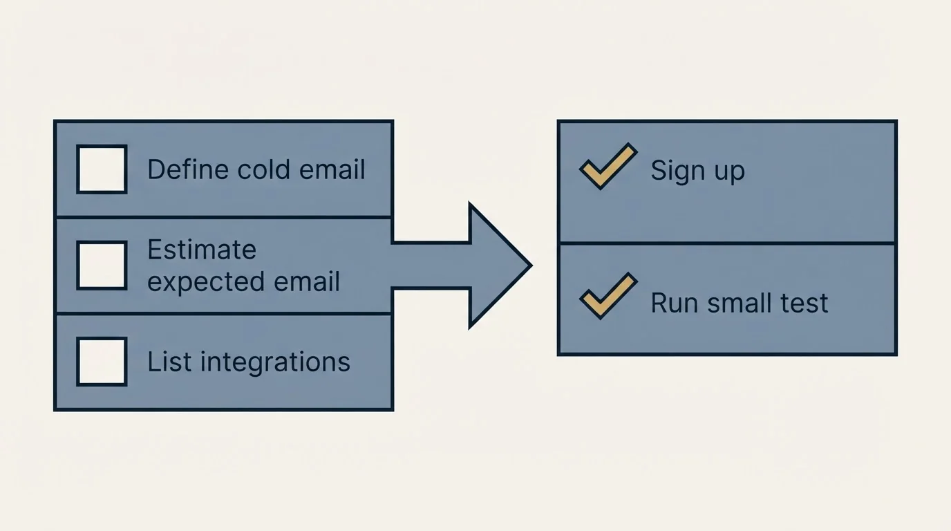 Before-and-after steps: Getting Started Checklist (Define cold email, Estimate expected email, List integrations, Sign up)