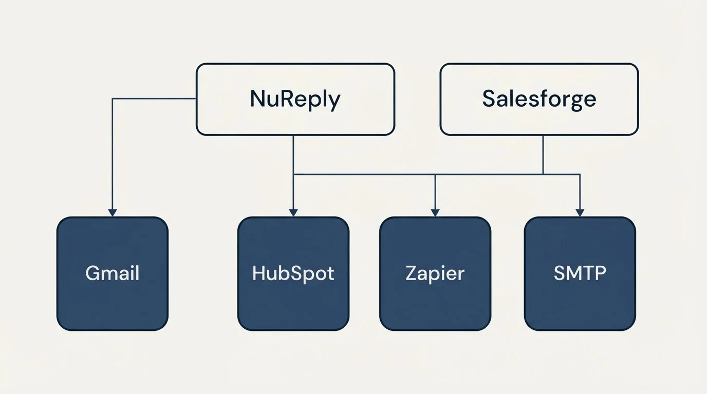 Integration grid: Integration Ecosystem (NuReply, Salesforge, HubSpot, Zapier)