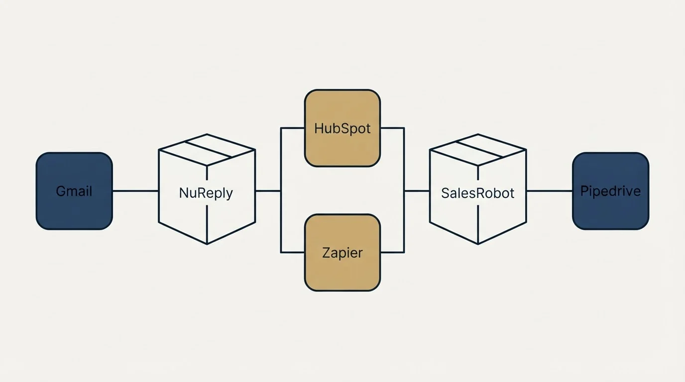 Integration flow: Integration Ecosystem (NuReply, SalesRobot, HubSpot, Zapier)