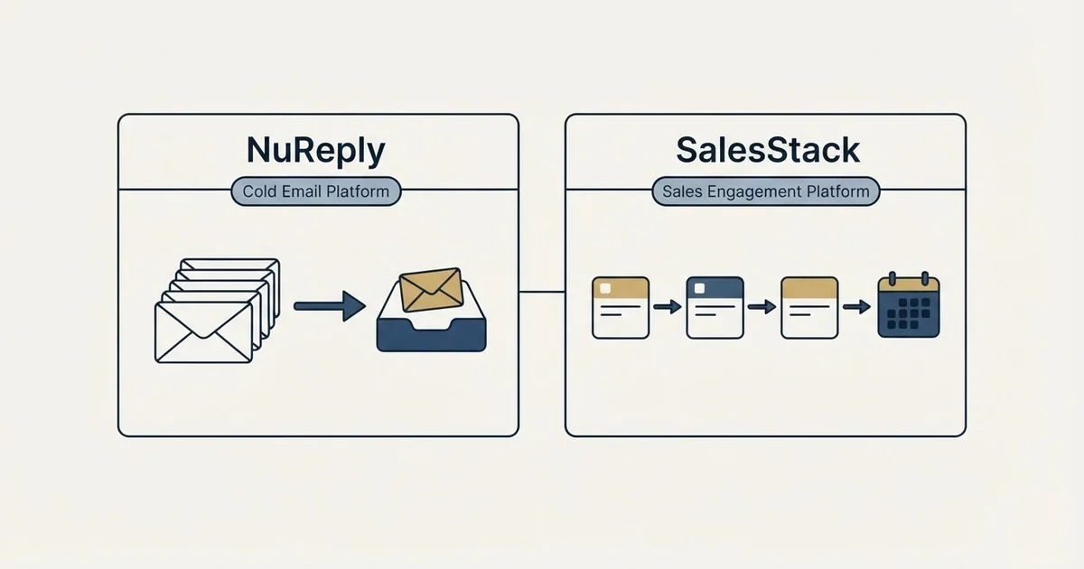 Side-by-side panels: NuReply vs SalesStack (Cold Email Platform, Sales Engagement Platform)