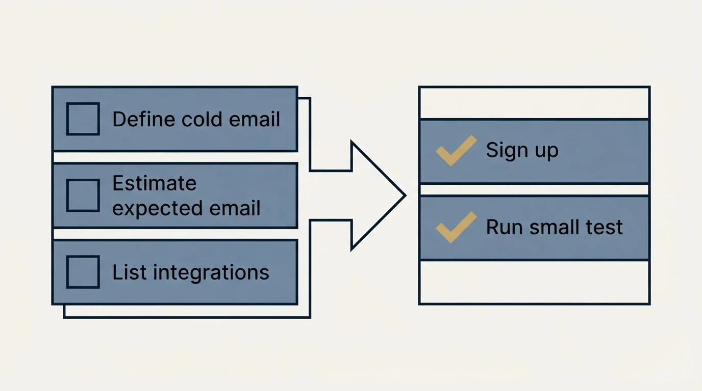 Before-and-after steps: Getting Started Checklist (Define cold email, Estimate expected email, List integrations, Sign up)