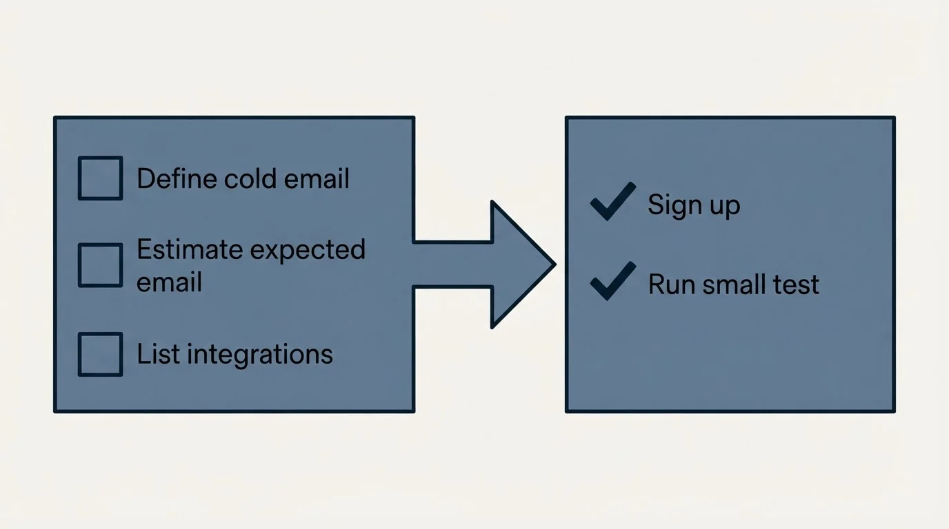 Before-and-after steps: Getting Started Checklist (Define cold email, Estimate expected email, List integrations, Sign up)
