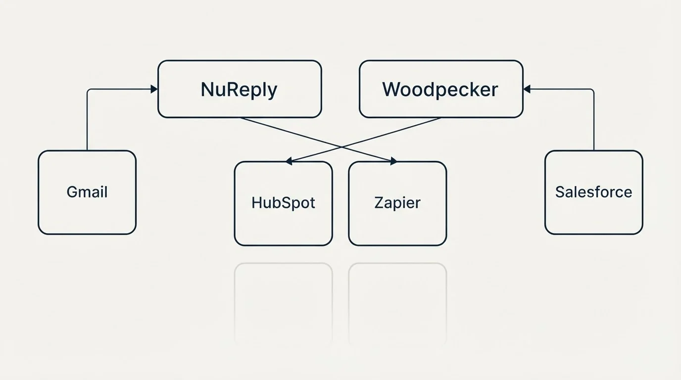 Integration grid: Integration Ecosystem (NuReply, Woodpecker, HubSpot, Zapier)