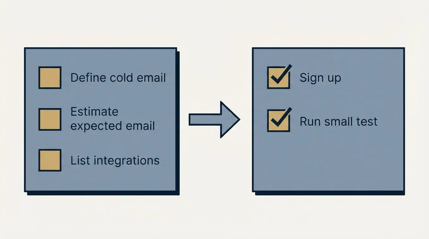Before-and-after steps: Getting Started Checklist (Define cold email, Estimate expected email, List integrations, Sign up)