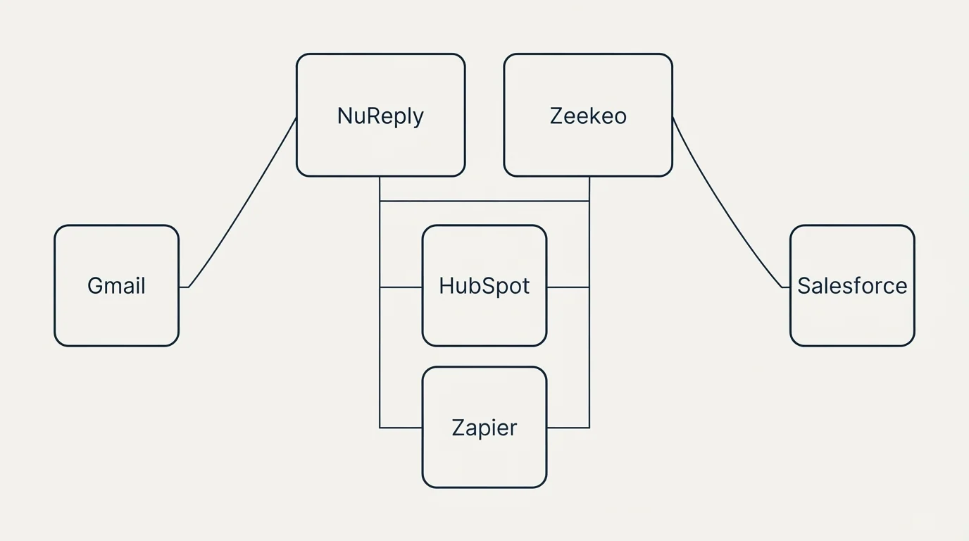 Integration grid: Integration Ecosystem (NuReply, Zeekeo, HubSpot, Zapier)