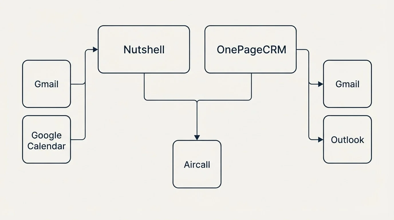 Integration grid: Integration Ecosystem (Nutshell, OnePageCRM, Aircall, Gmail)