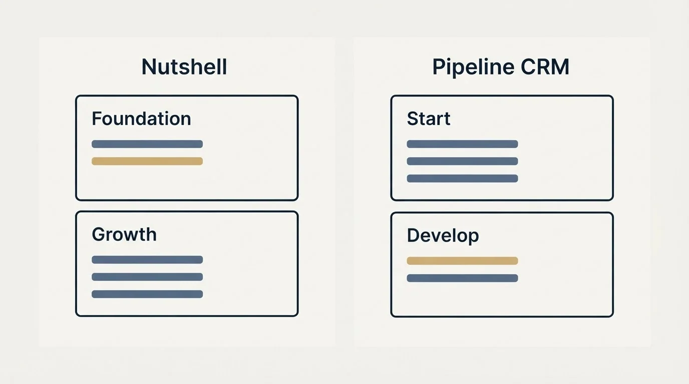 Pricing panels: Pricing Comparison (Nutshell, Pipeline CRM, Foundation, Start)