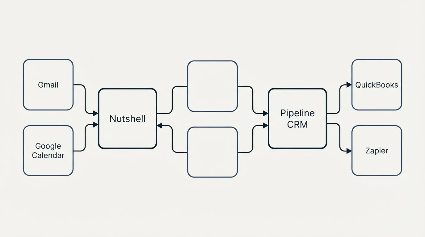Integration schematic: Integration Ecosystem (Nutshell, Pipeline CRM, Gmail, QuickBooks)