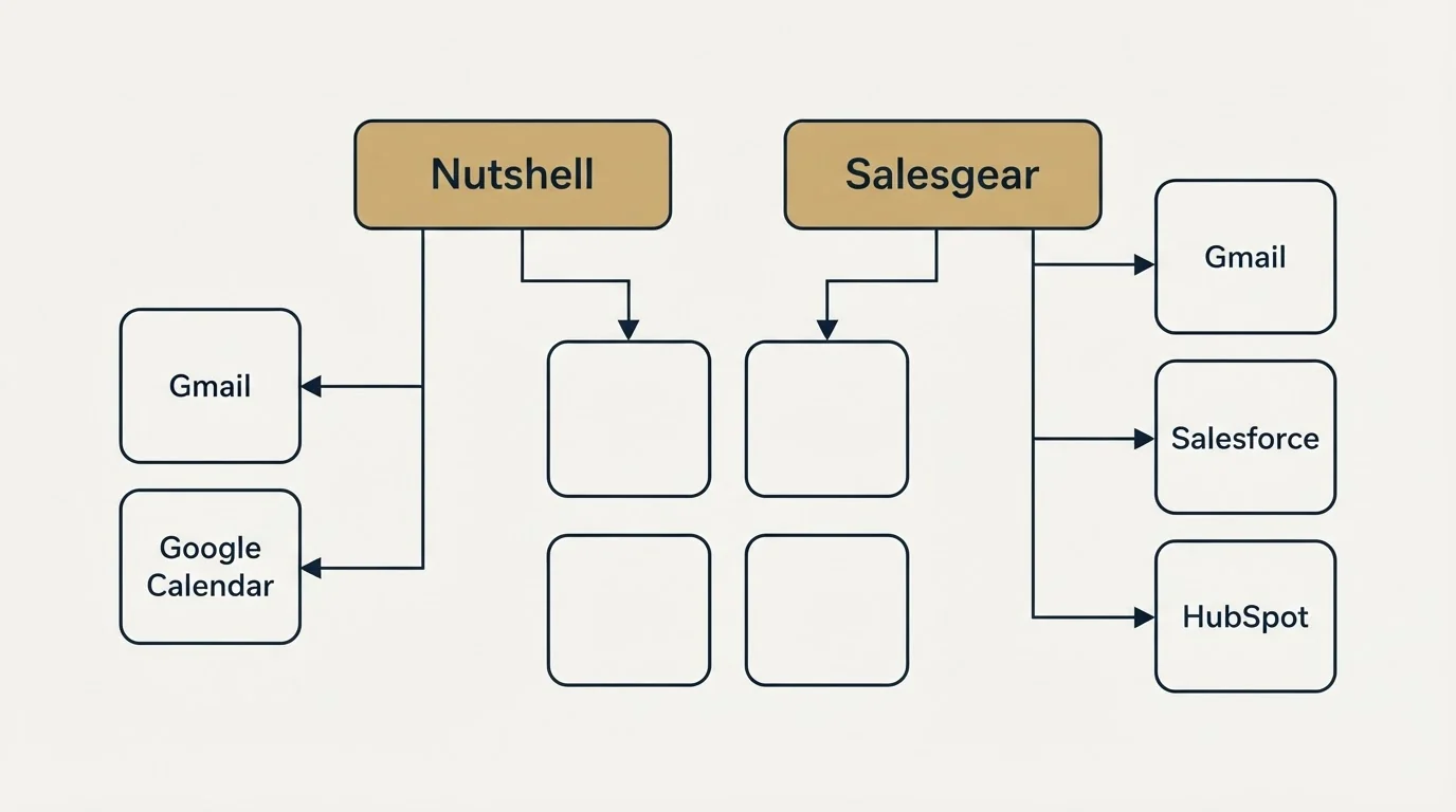 Integration grid: Integration Ecosystem (Nutshell, Salesgear, Gmail, Salesforce)