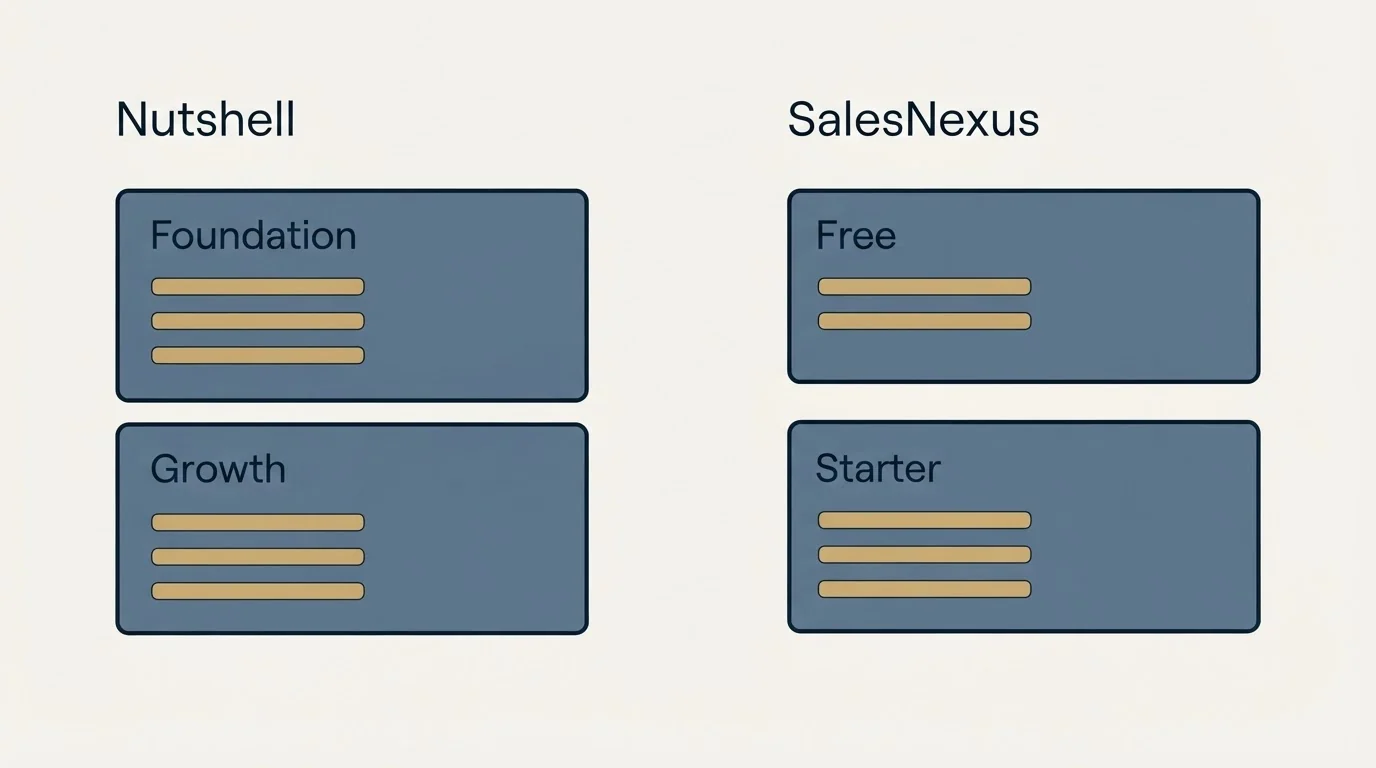 Pricing panels: Pricing Comparison (Nutshell, SalesNexus, Foundation, Free)