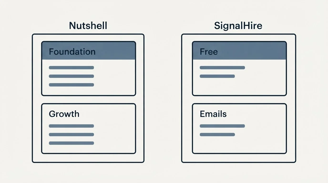 Pricing panels: Pricing Comparison (Nutshell, SignalHire, Foundation, Free)