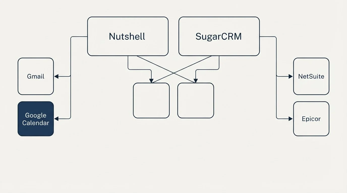 Integration grid: Integration Ecosystem (Nutshell, SugarCRM, Gmail, NetSuite)