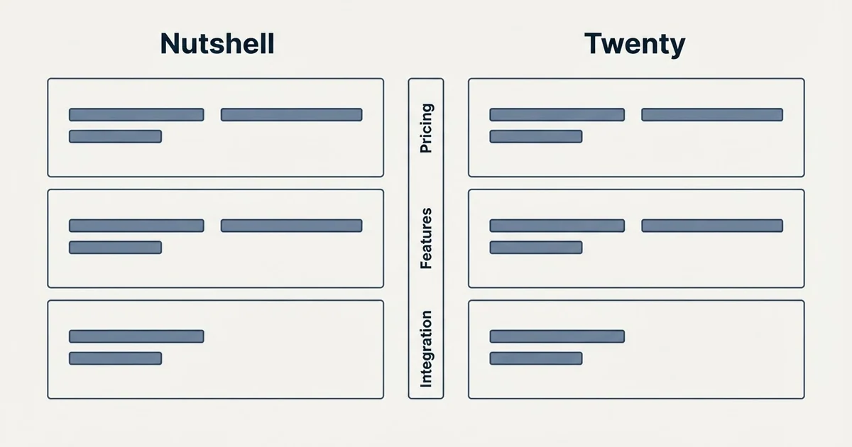 Comparison panel: Nutshell vs Twenty (Pricing, Features, Integration)