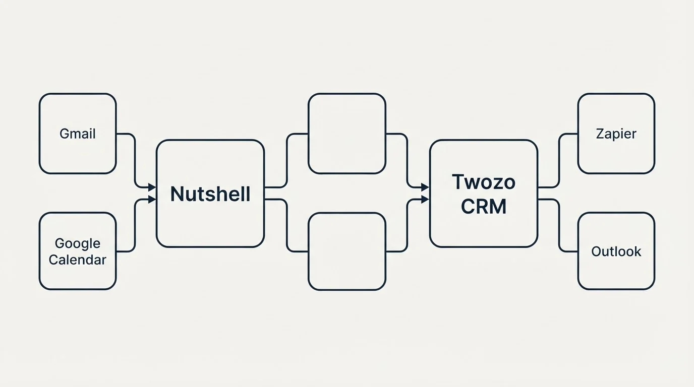 Integration schematic: Integration Ecosystem (Nutshell, Twozo CRM, Gmail, Zapier)