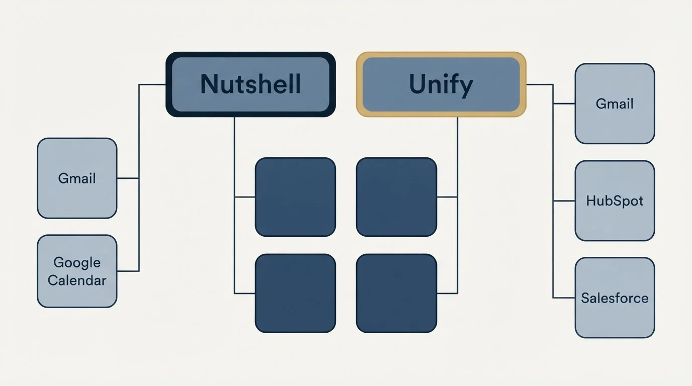 Integration grid: Integration Ecosystem (Nutshell, Unify, Gmail, HubSpot)