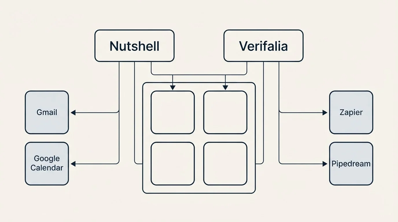 Integration grid: Integration Ecosystem (Nutshell, Verifalia, Gmail, Zapier)