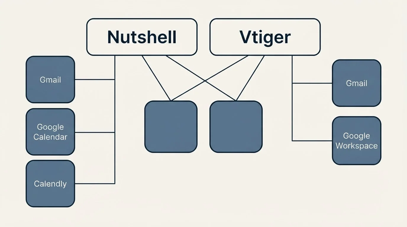 Integration grid: Integration Ecosystem (Nutshell, Vtiger, Gmail, Google Calendar)