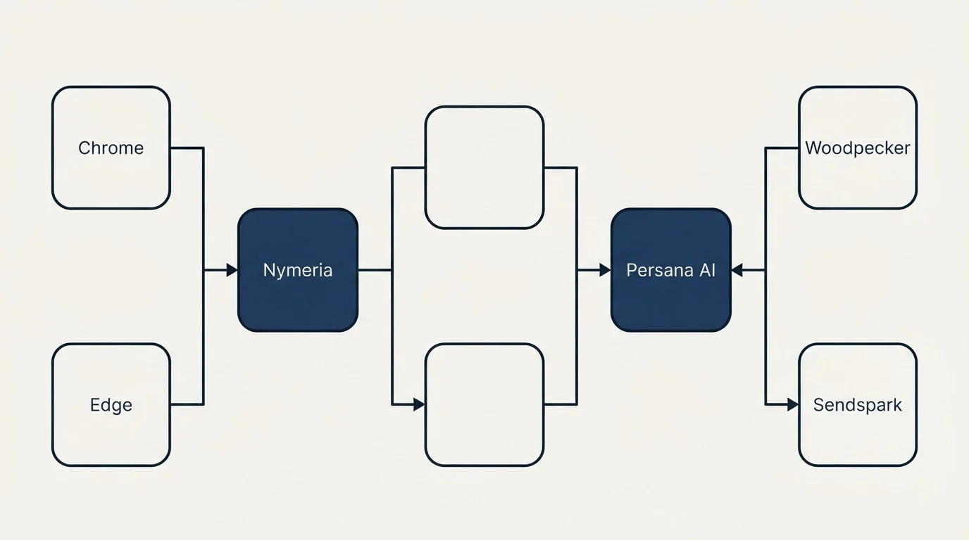 Integration flow: Integration Ecosystem (Nymeria, Persana AI, Chrome, Woodpecker)