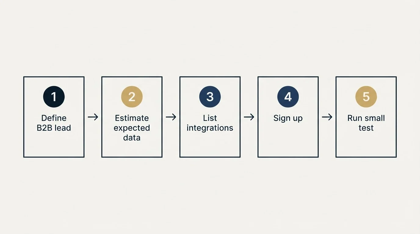 Step sequence: Getting Started Checklist (Define B2B lead, Estimate expected data, List integrations, Sign up)