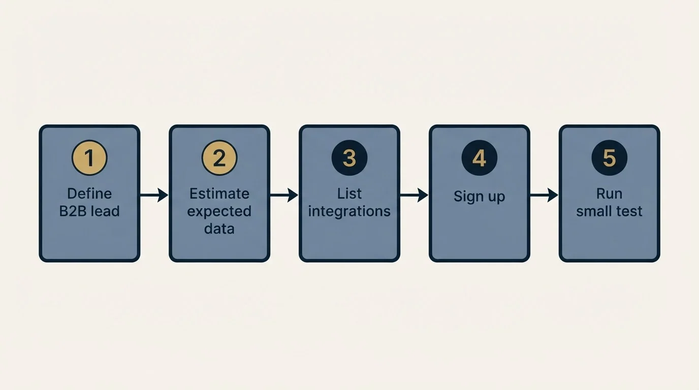 Step sequence: Getting Started Checklist (Define B2B lead, Estimate expected data, List integrations, Sign up)