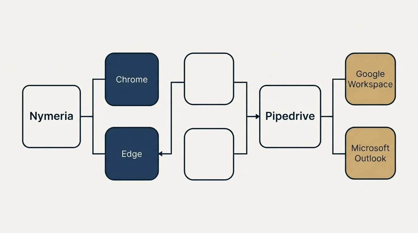 Integration flow: Integration Ecosystem (Nymeria, Pipedrive, Chrome, Google Workspace)