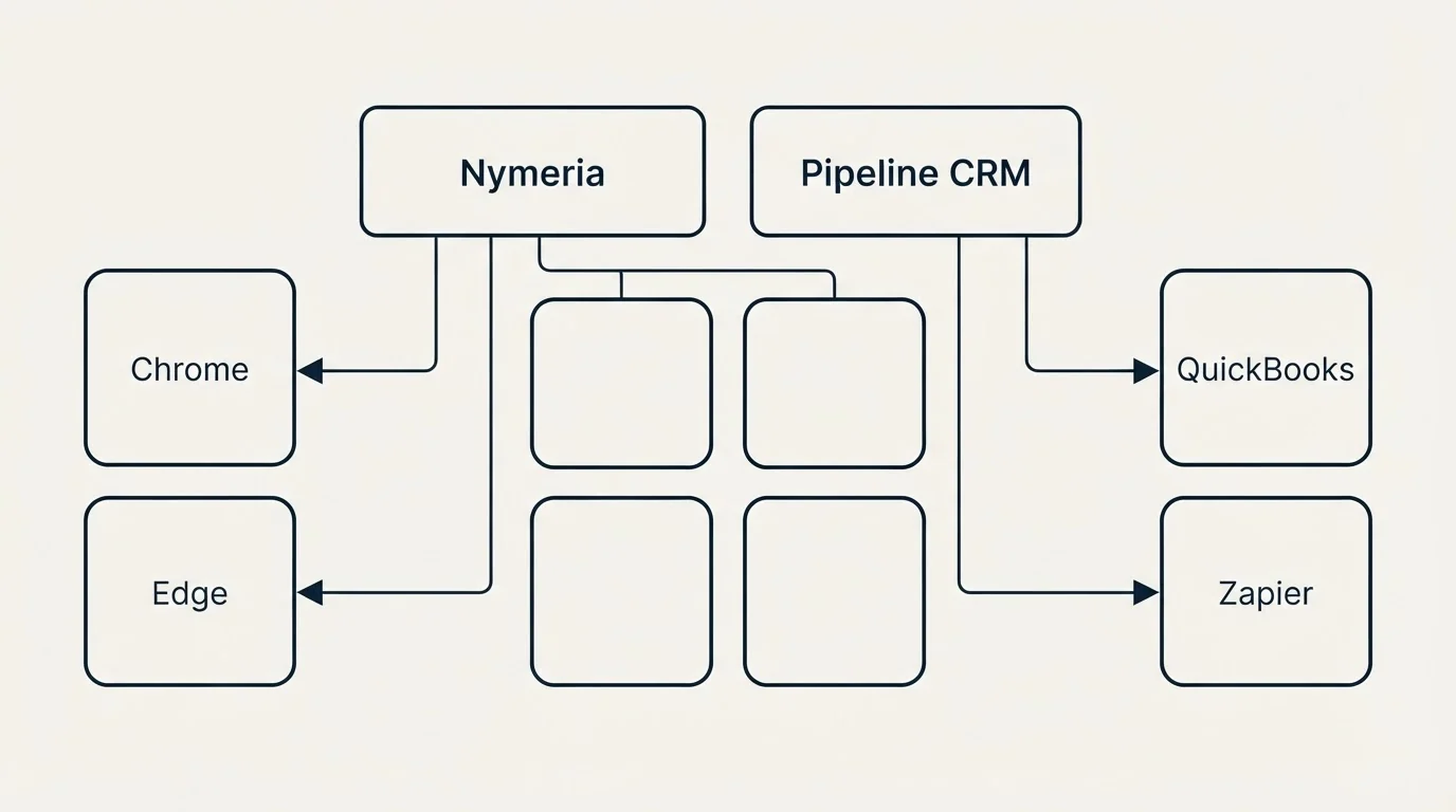 Integration grid: Integration Ecosystem (Nymeria, Pipeline CRM, Chrome, QuickBooks)