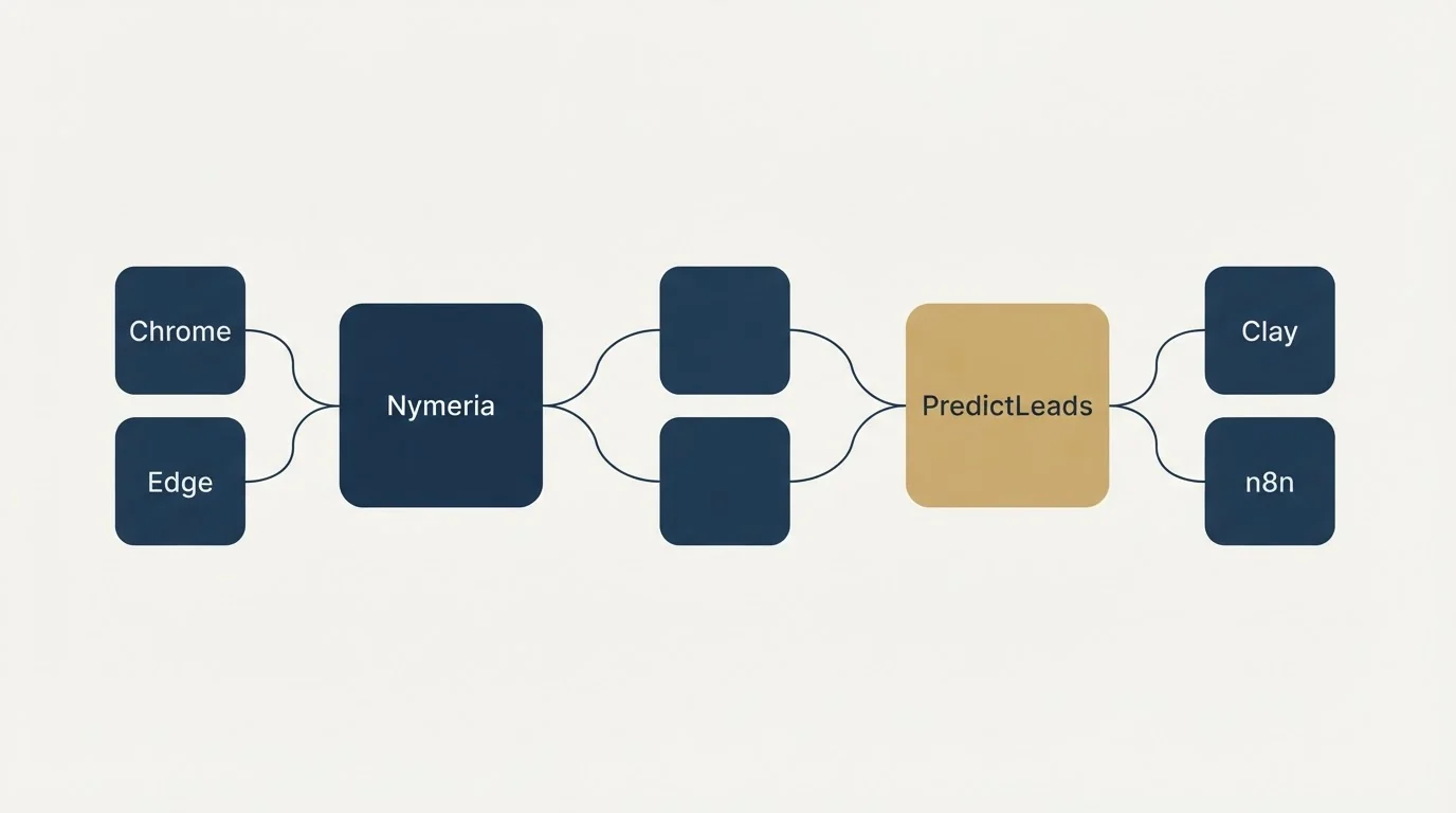 Integration schematic: Integration Ecosystem (Nymeria, PredictLeads, Chrome, Clay)