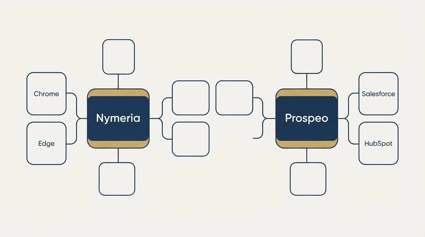 Integration schematic: Integration Ecosystem (Nymeria, Prospeo, Chrome, Salesforce)