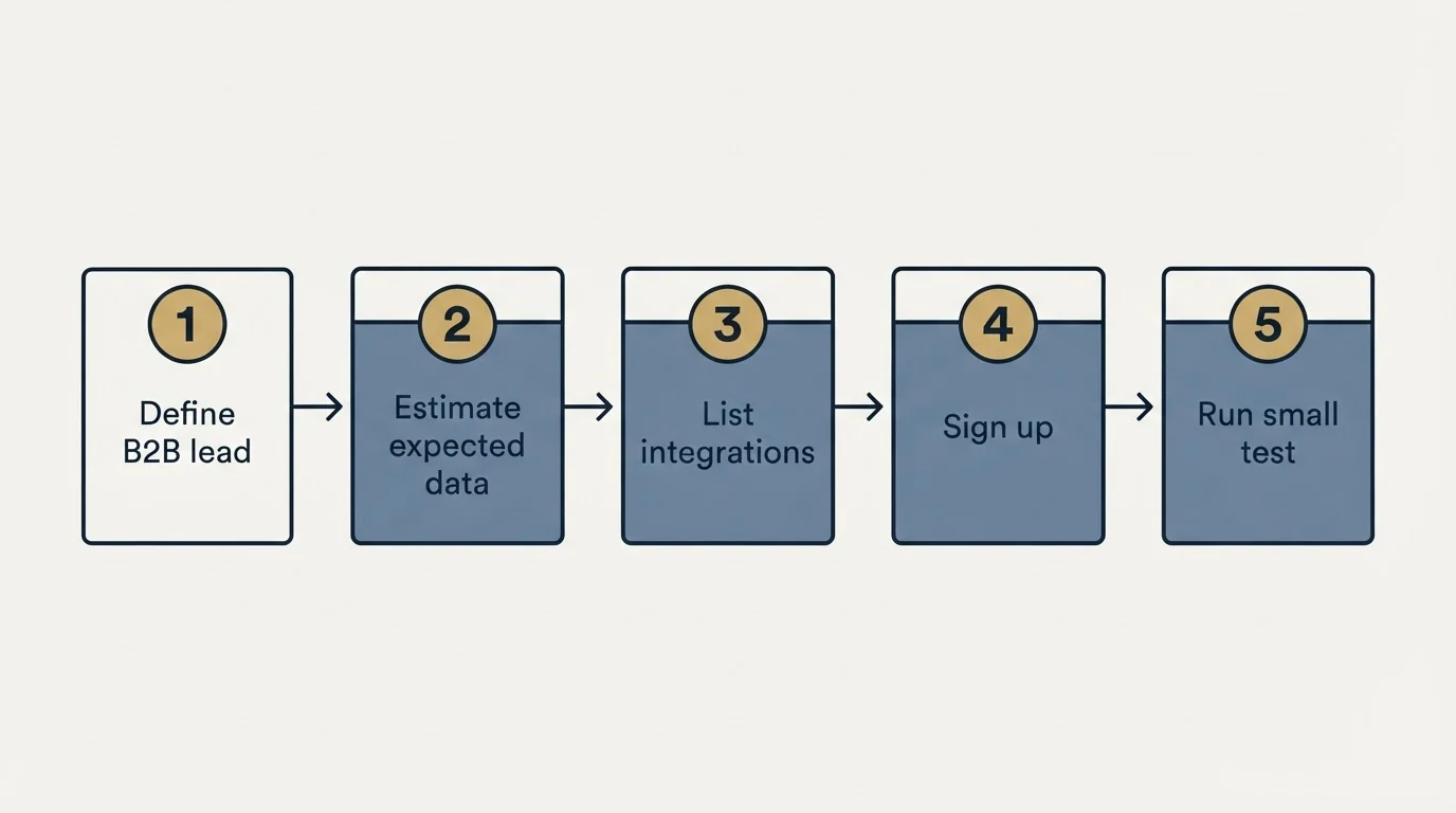Step sequence: Getting Started Checklist (Define B2B lead, Estimate expected data, List integrations, Sign up)