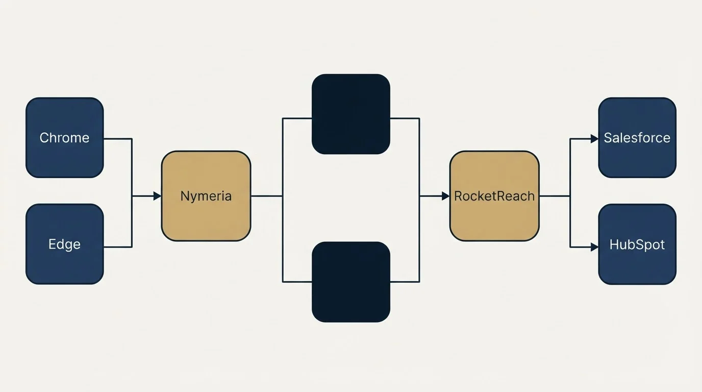 Integration flow: Integration Ecosystem (Nymeria, RocketReach, Chrome, Salesforce)