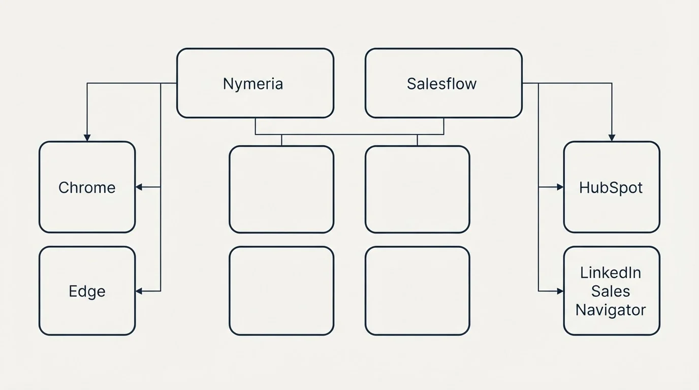 Integration grid: Integration Ecosystem (Nymeria, Salesflow, Chrome, HubSpot)