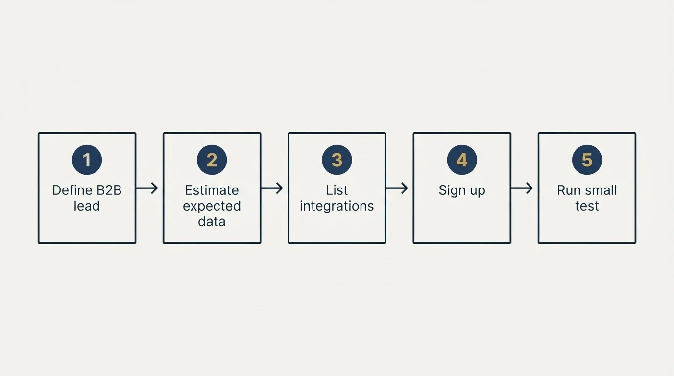 Step sequence: Getting Started Checklist (Define B2B lead, Estimate expected data, List integrations, Sign up)