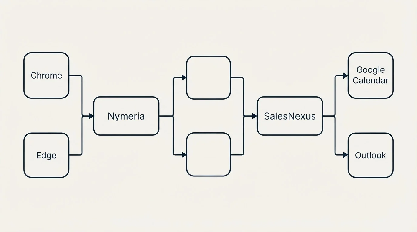Integration flow: Integration Ecosystem (Nymeria, SalesNexus, Chrome, Google Calendar)