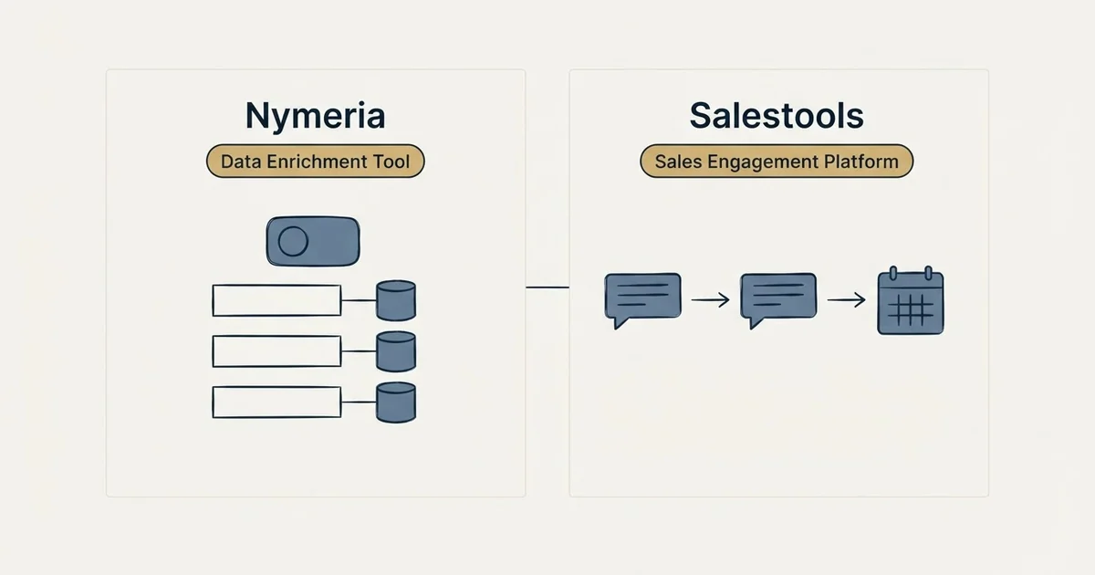 Side-by-side panels: Nymeria vs Salestools (Data Enrichment Tool, Sales Engagement Platform)