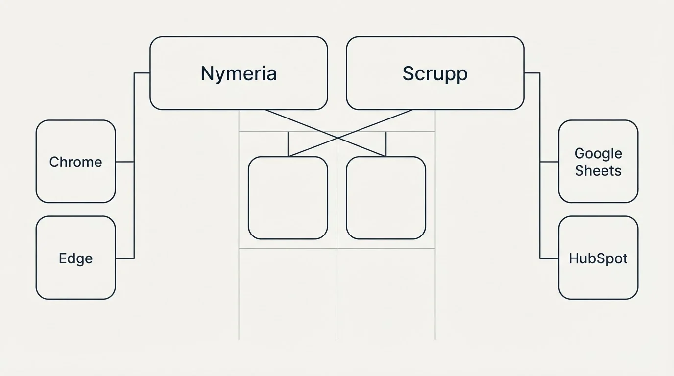 Integration grid: Integration Ecosystem (Nymeria, Scrupp, Chrome, Google Sheets)