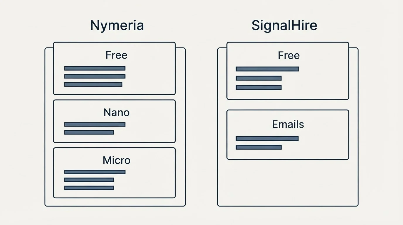 Pricing panels: Pricing Comparison (Nymeria, SignalHire, Free, Nano)
