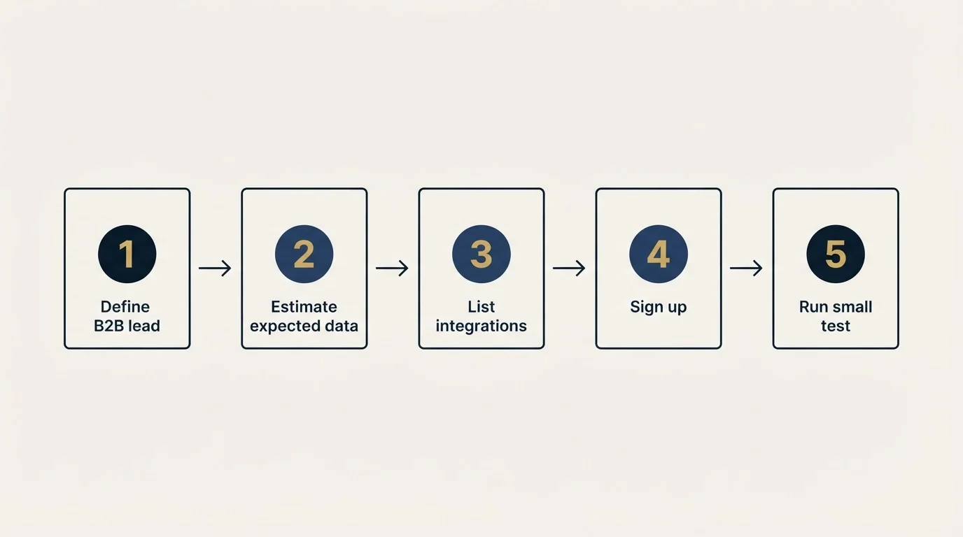 Step sequence: Getting Started Checklist (Define B2B lead, Estimate expected data, List integrations, Sign up)