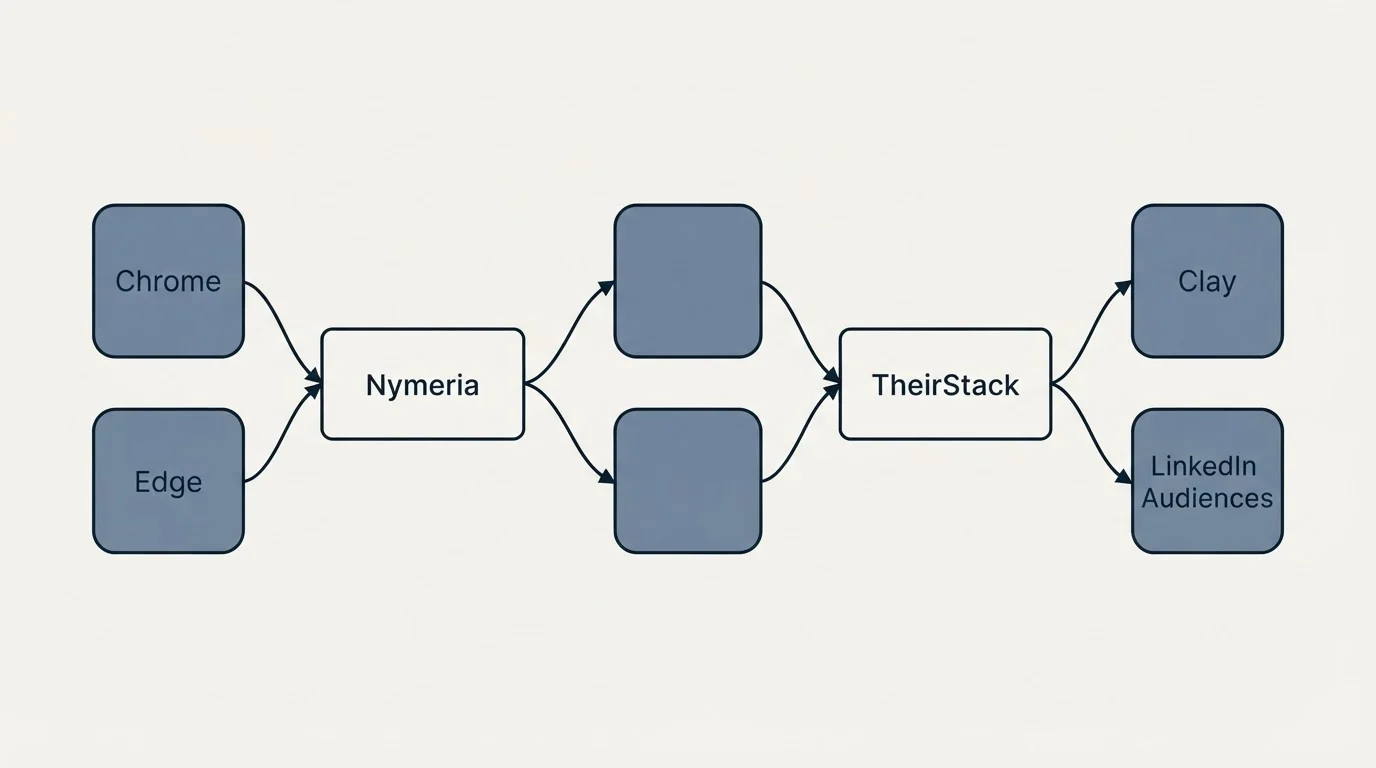 Integration schematic: Integration Ecosystem (Nymeria, TheirStack, Chrome, Clay)