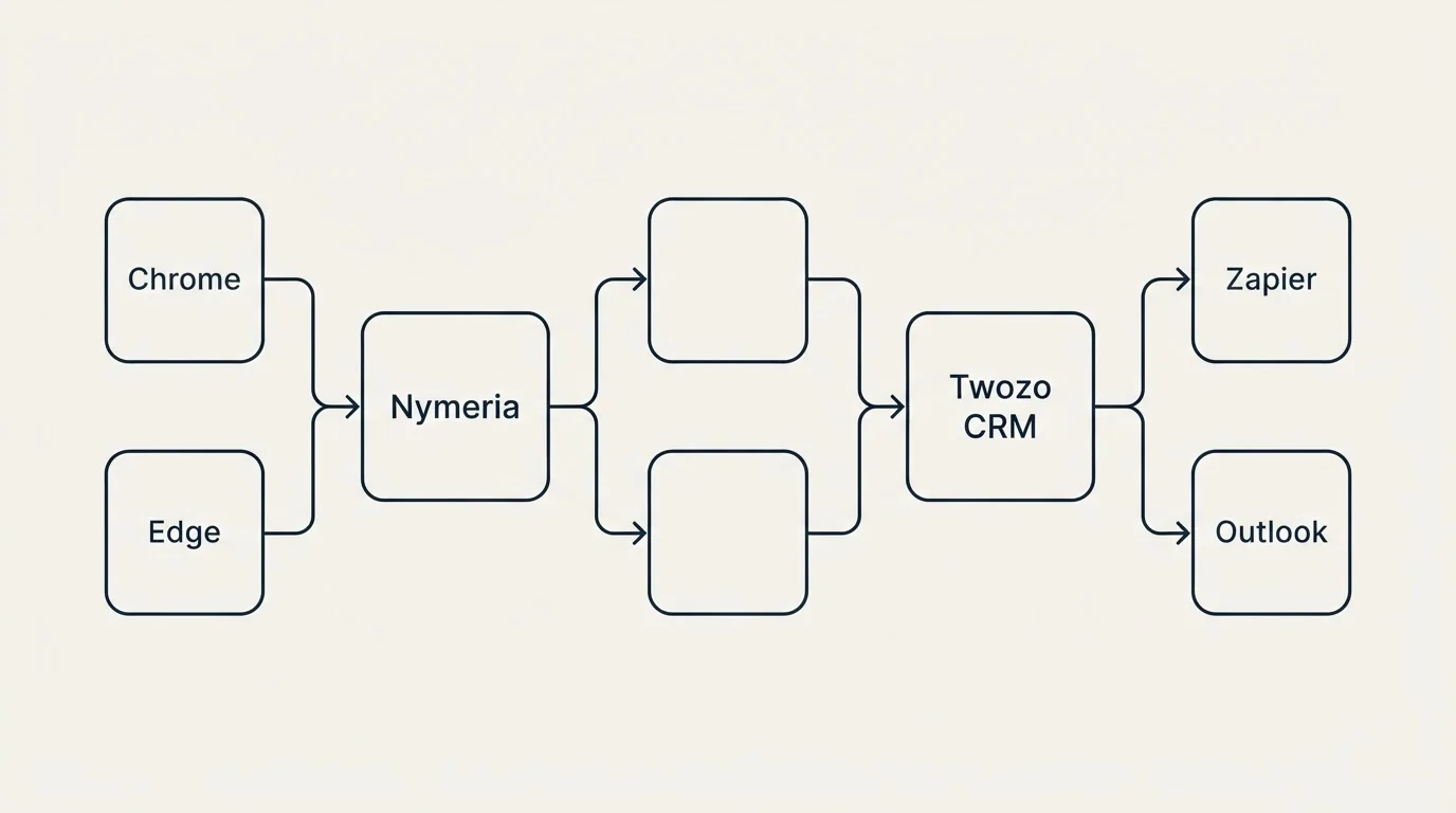Integration schematic: Integration Ecosystem (Nymeria, Twozo CRM, Chrome, Zapier)
