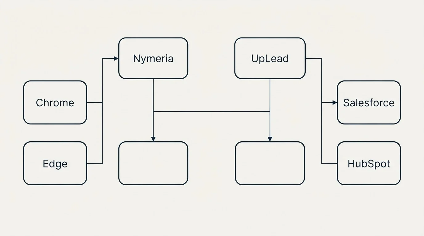Integration grid: Integration Ecosystem (Nymeria, UpLead, Chrome, Salesforce)