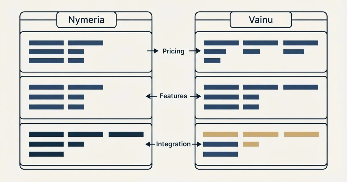 Comparison panel: Nymeria vs Vainu (Pricing, Features, Integration)