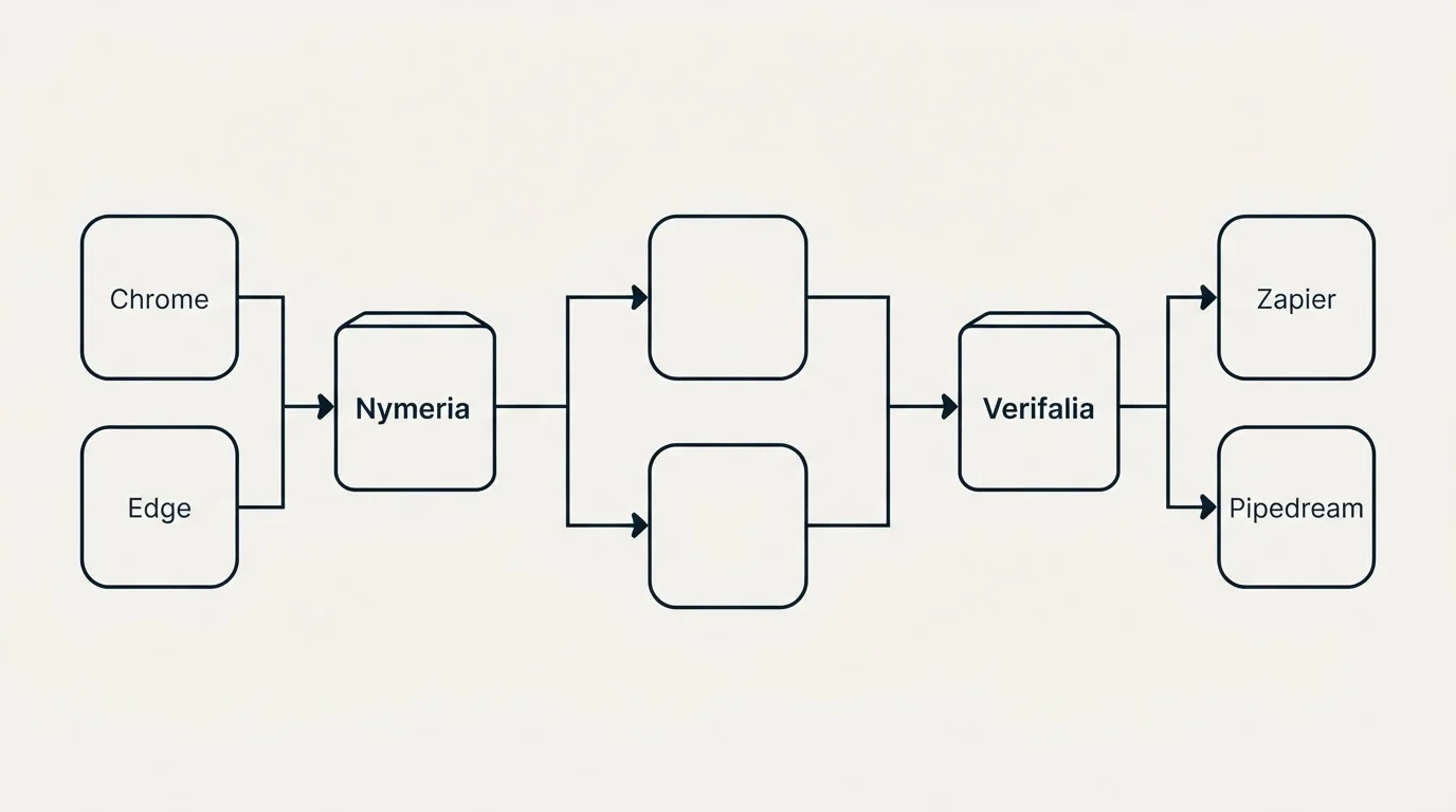Integration flow: Integration Ecosystem (Nymeria, Verifalia, Chrome, Zapier)