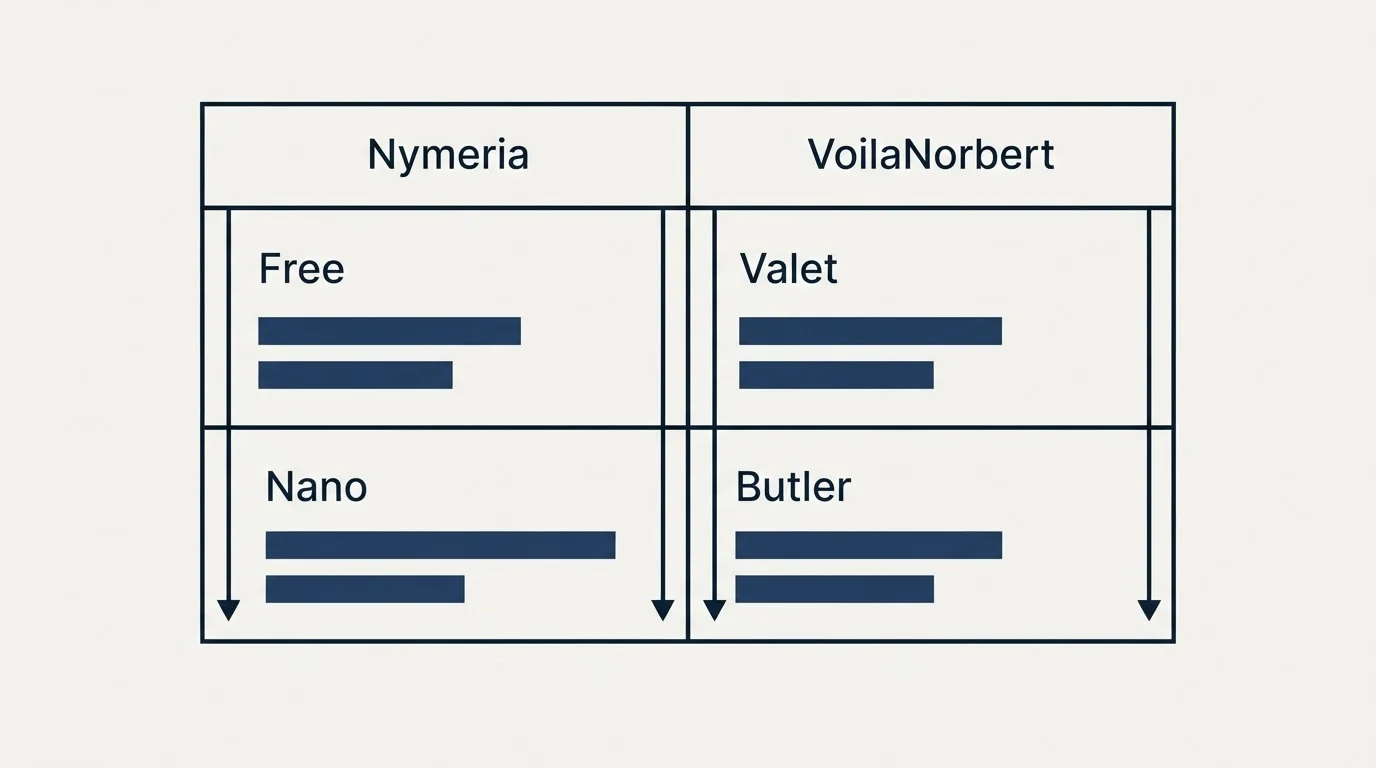 Pricing table: Pricing Comparison (Nymeria, VoilaNorbert, Free, Valet)