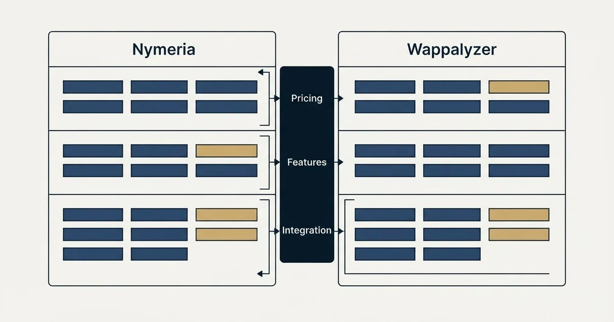 Comparison panel: Nymeria vs Wappalyzer (Pricing, Features, Integration)