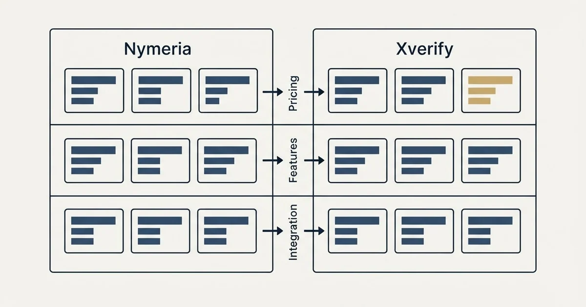 Comparison panel: Nymeria vs Xverify (Pricing, Features, Integration)
