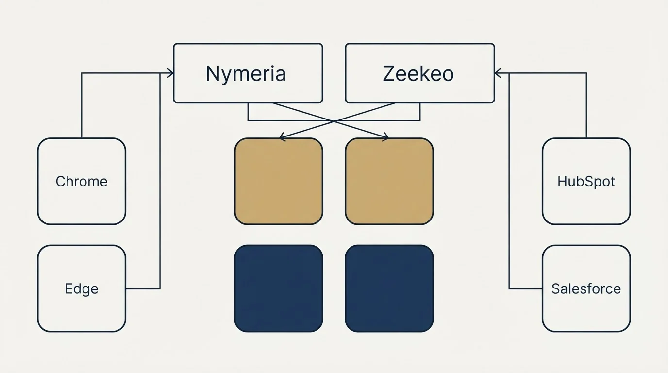 Integration grid: Integration Ecosystem (Nymeria, Zeekeo, Chrome, HubSpot)